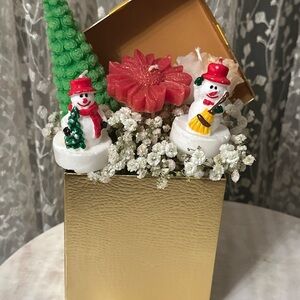 Festive Gold Holiday Candle Set with Snowmen and Tree
